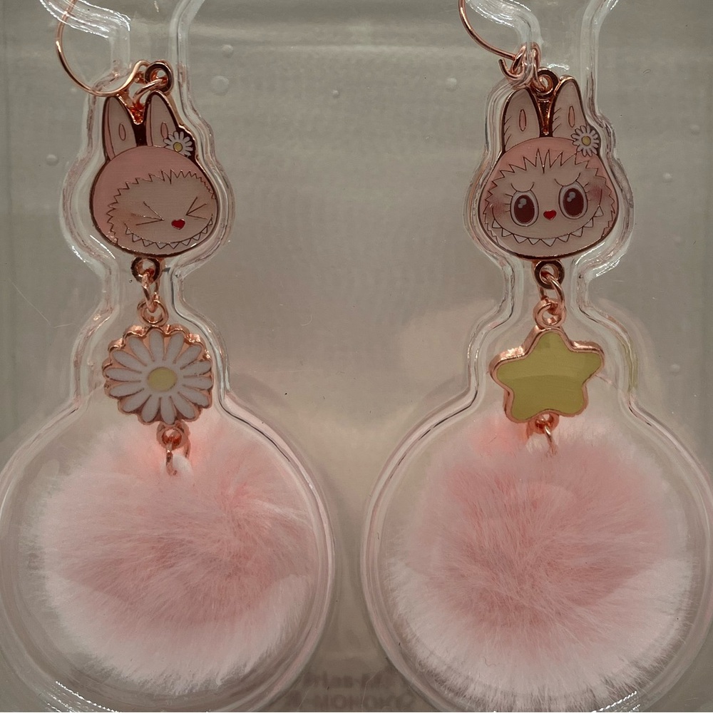 Authentic Pop Mart Labubu Mokoko Warm Fluffy Holiday Pompom Pink Dangly Earrings - Picture 4 of 6